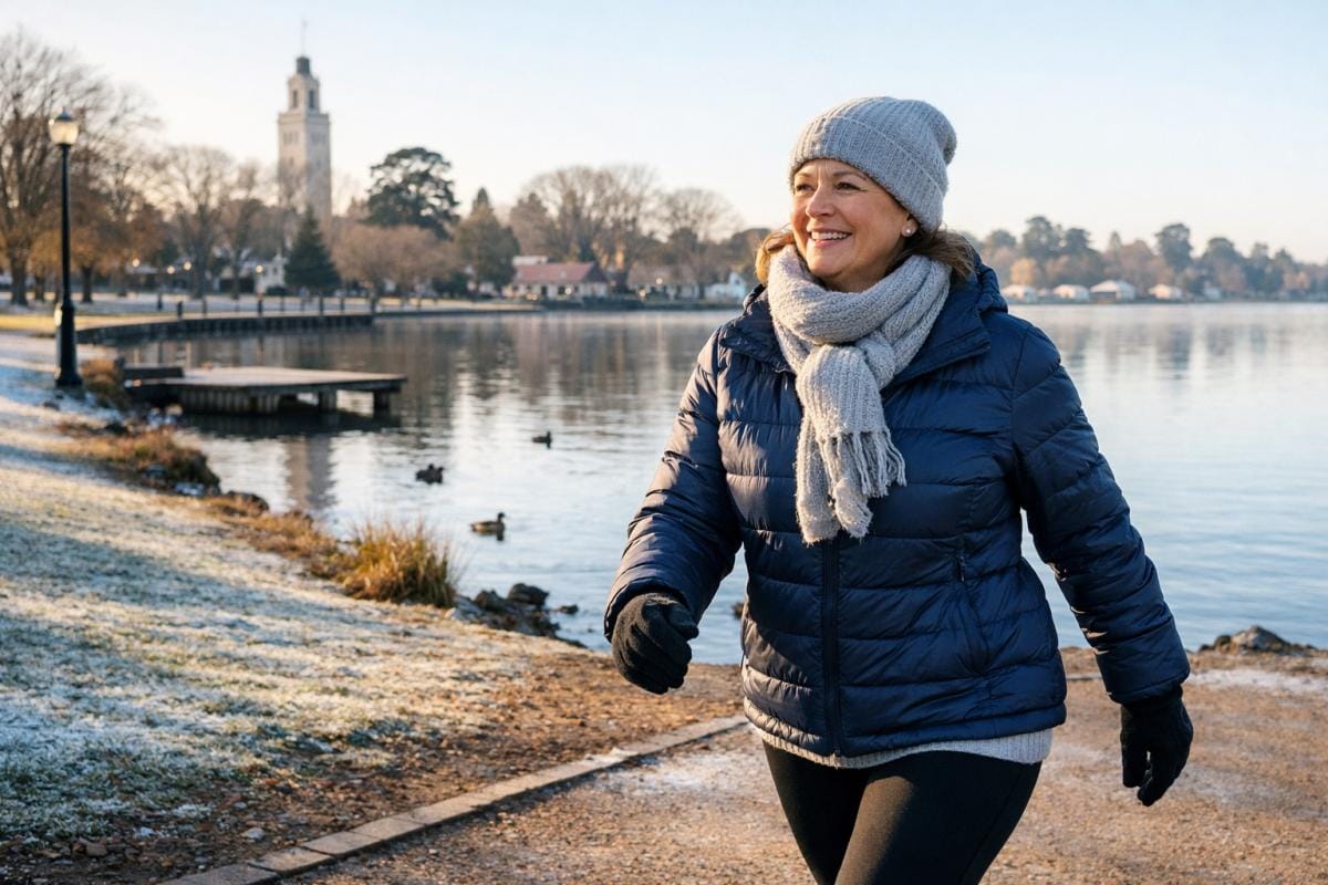 Woman walking near Lake Wendouree in cold Ballarat weather wearing winter clothing.
