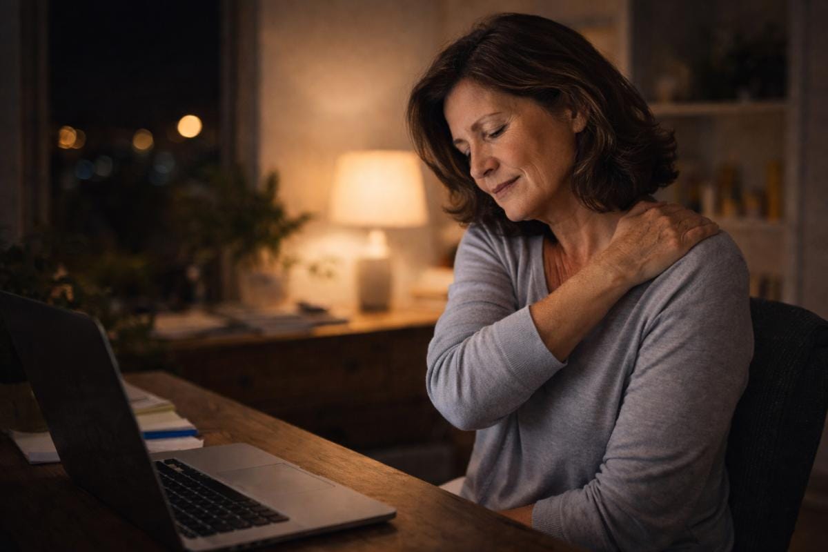 Woman holding her shoulder while sitting indoors at night, representing early frozen shoulder discomfort.