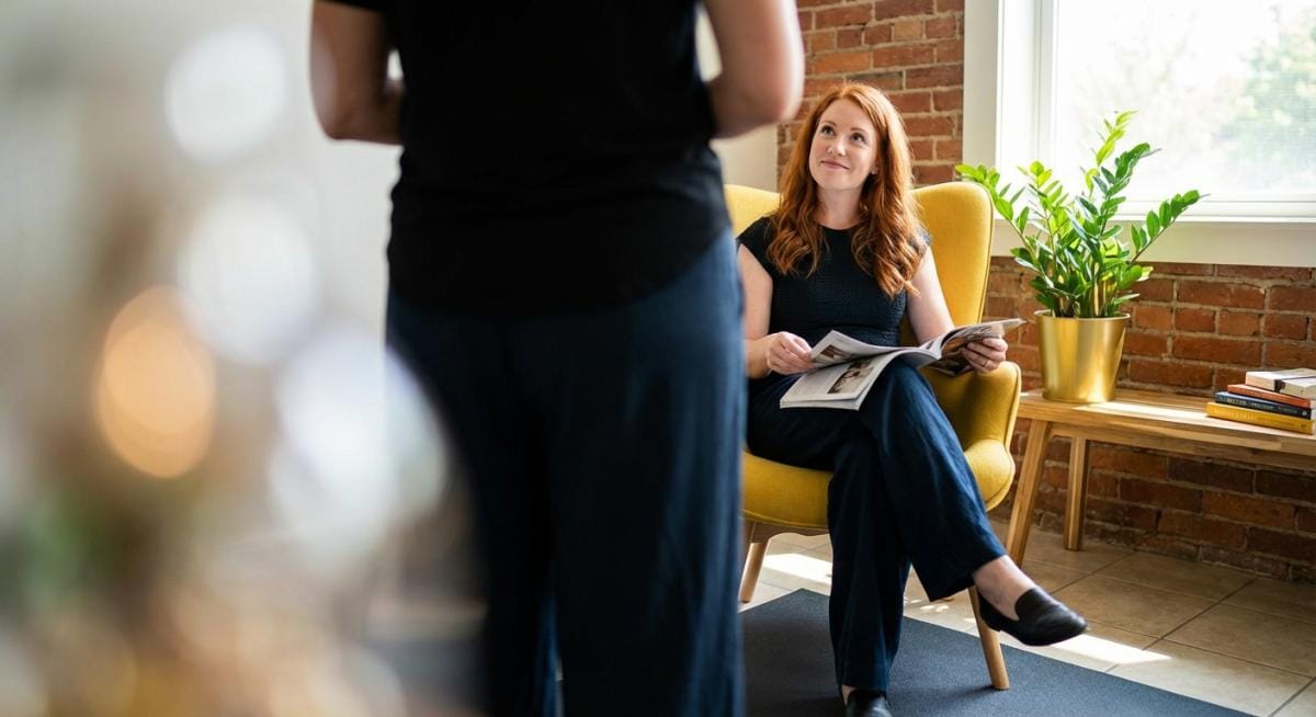Client seated in a comfortable chair speaking with therapist in a warm, light-filled clinic space