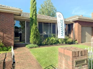 Exterior of Body Nurture Massage home clinic in Newington, Ballarat, with brick frontage and garden path entrance.