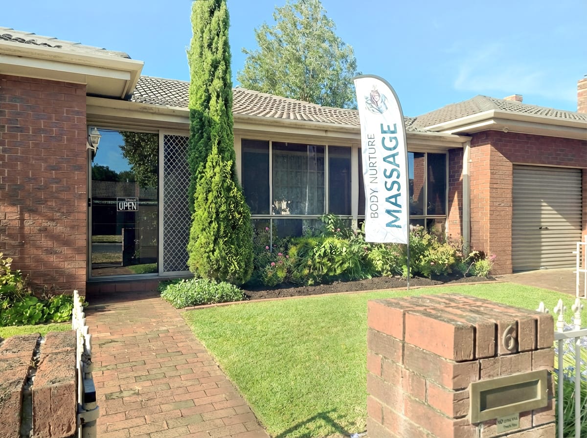 Exterior of Body Nurture Massage home clinic in Newington, Ballarat, with brick frontage and garden path entrance.