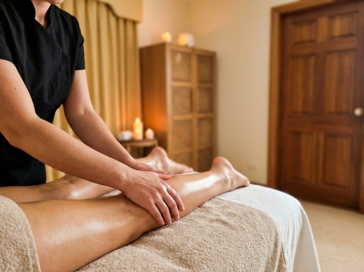 Massage therapist providing gentle calf and lower leg treatment in a calm Ballarat clinic setting.