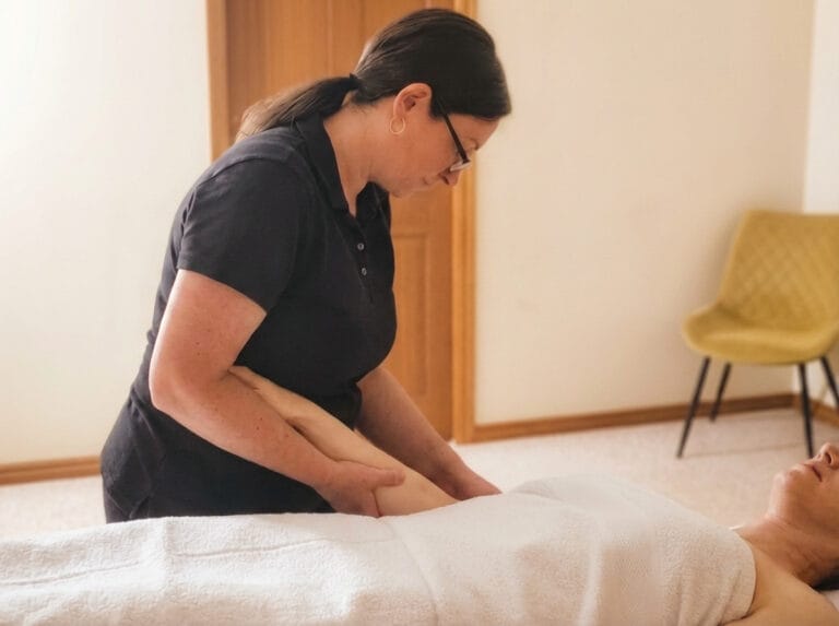 Client lying comfortably during a relaxation massage at Body Nurture Massage, receiving calm, steady pressure to support nervous system regulation.