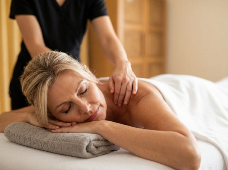 Woman receiving gentle relaxation massage to shoulders and upper back at Body Nurture Massage in Ballarat.