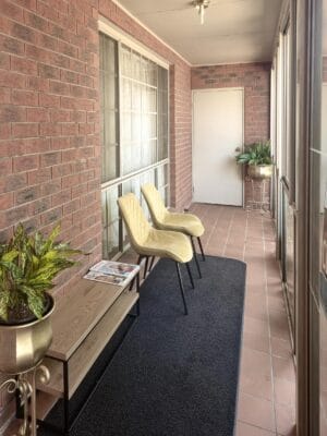 Welcoming verandah waiting area at Body Nurture Massage home clinic in Newington Ballarat.